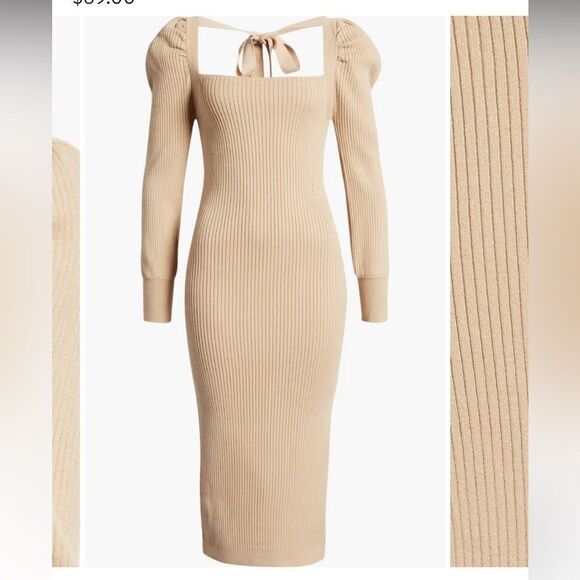 Charles Henry Puff Shoulder Long Sleeve Knit MIDI Dress in Tan Sz XL - Picture 5 of 12